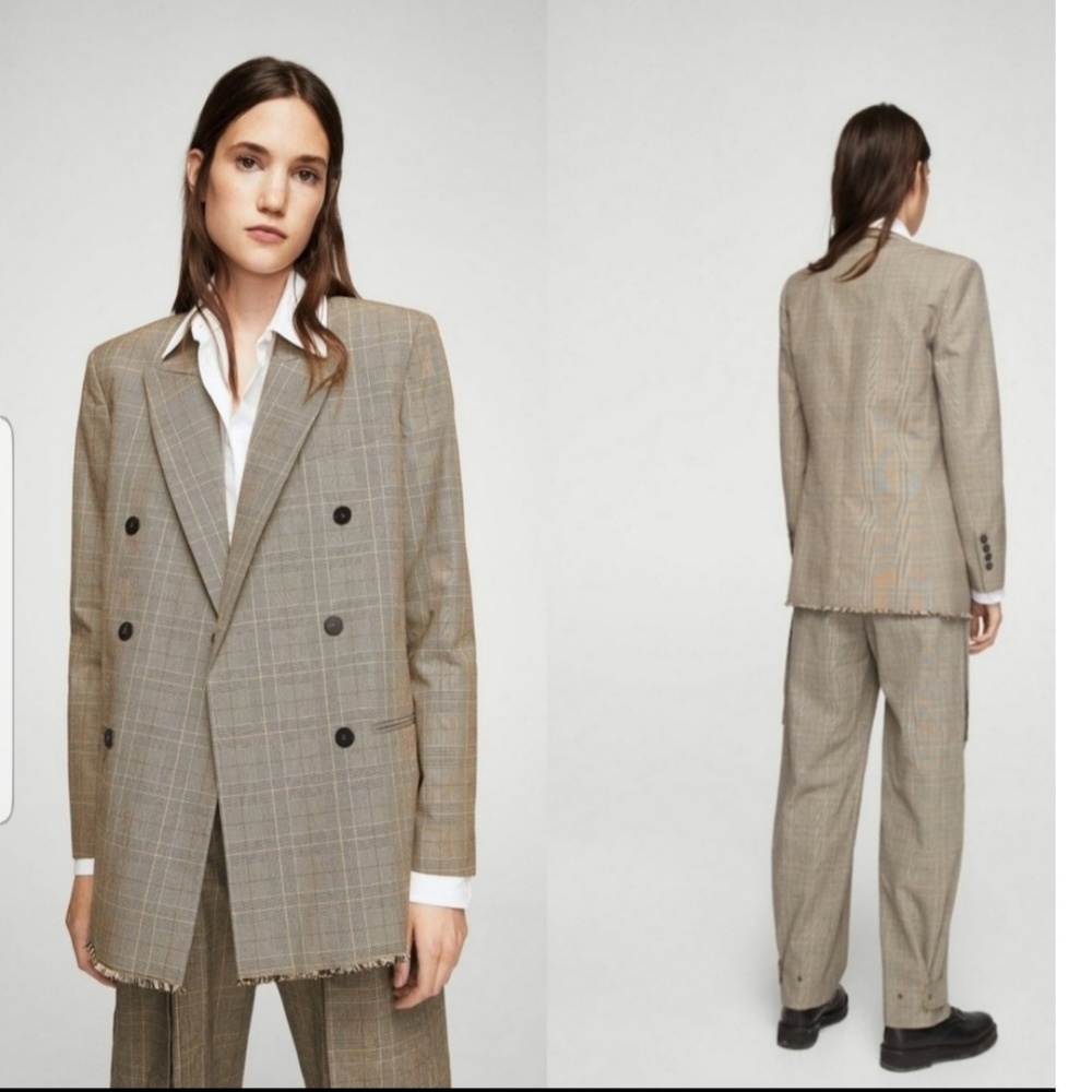 Mango Double-Breasted Plaid Blazer in Taupe with Subtle Orange Windowpane